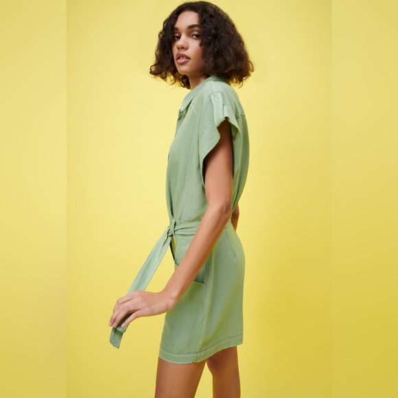 Zara Linen TOPSTITCHED Short JUMPSUIT Romper w/ Belt Green Size XS NEW - Picture 4 of 8